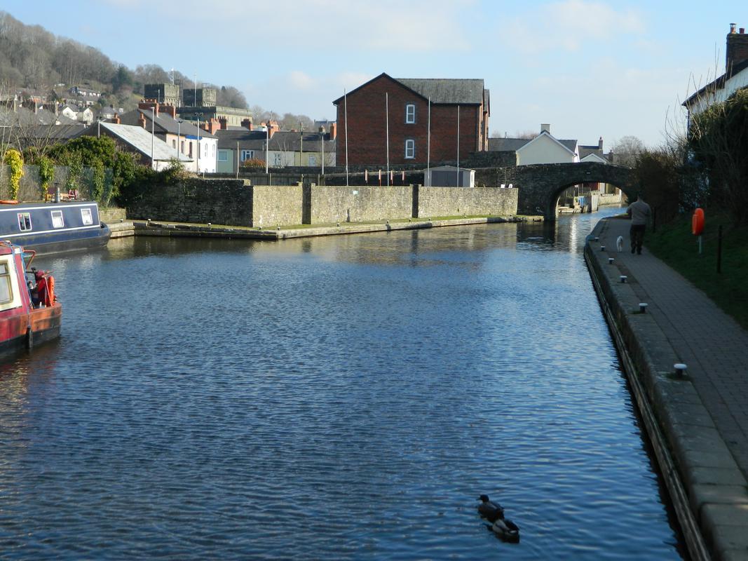 Brecon & Abergavenny Canal: looking east from bridge at east end of terminal basin at Brecon.