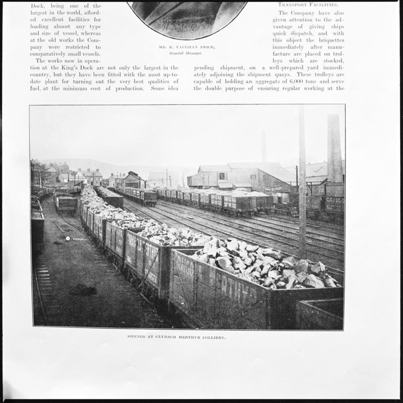 Black and white film negative showing sidings at Clydach Merthyr Colliery, photographed from a publication. 'Clydach Merthyr Colliery' is transcribed from original negative bag.