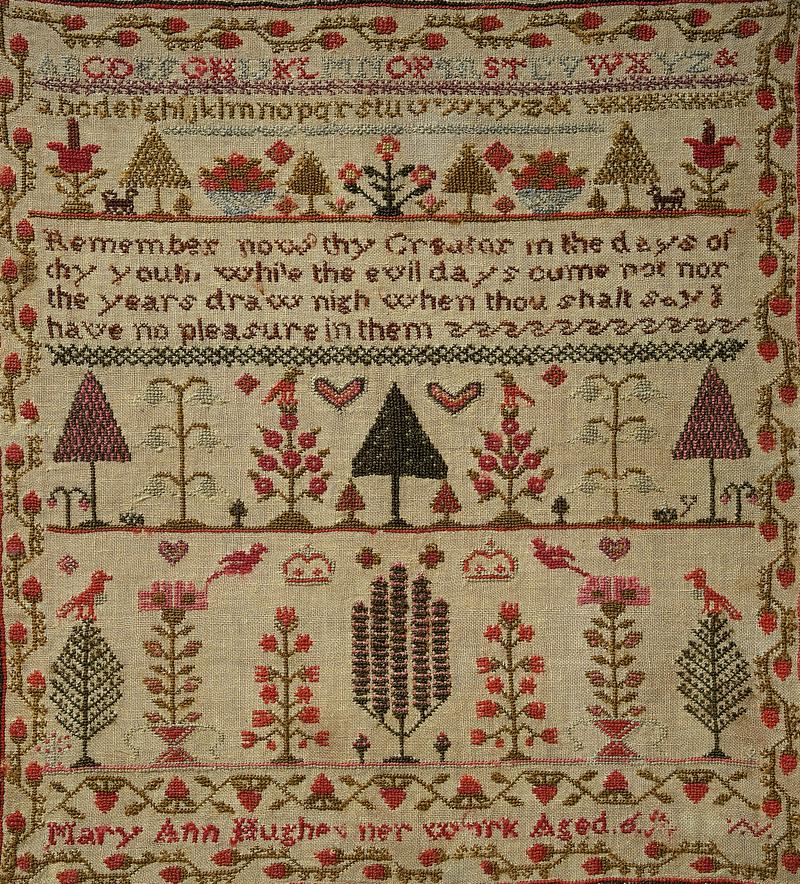 Sampler (alphabet, motifs & Biblical verse), made in Eglwys-fach, c. 1855