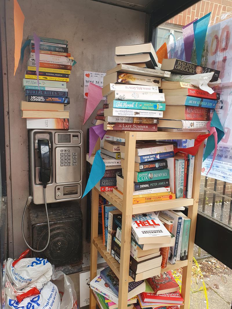 Lockdown Library Book Exchange phone booth by Ysgol Mynydd Bychan.