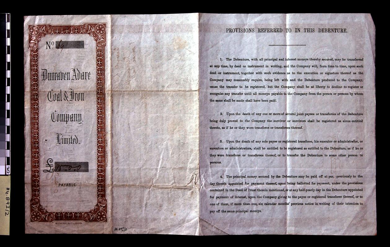 Dunraven Adare Coal & Iron Co. Ltd., debenture