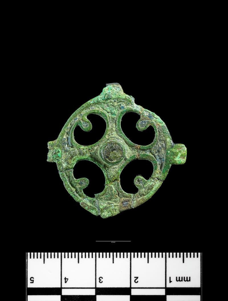 Roman copper alloy openwork disc brooch, enamelled