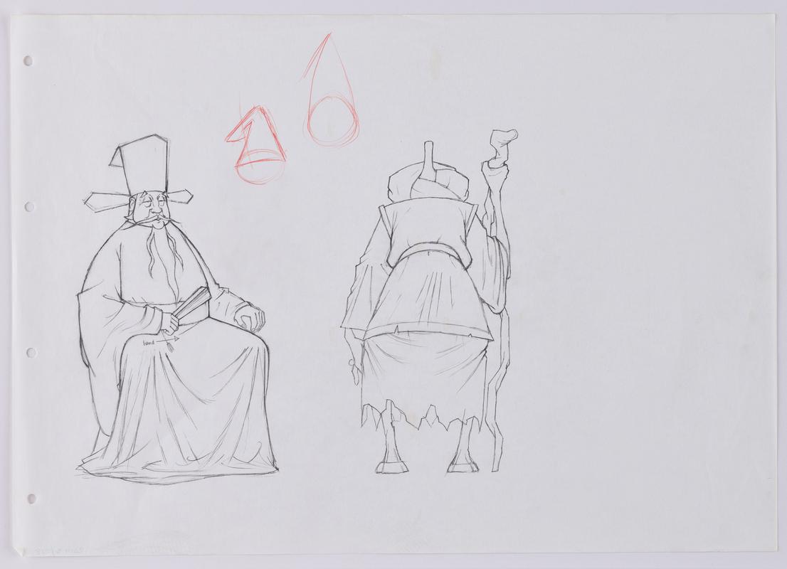 Turandot animation production sketch of the characters Emperor Altoum and Timur.