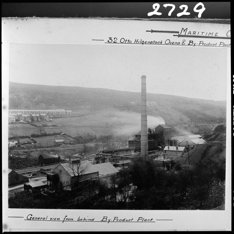 Black and white film negative of a photograph showing a general view of Maritime Colliery from behind the by-product plant.  'By product plant' is transcribed from original negative bag.