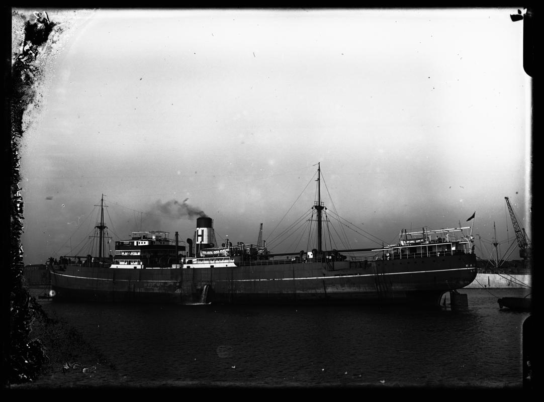 Port broadside view of S.S. HARCALO at Cardiff Docks, c.1936.