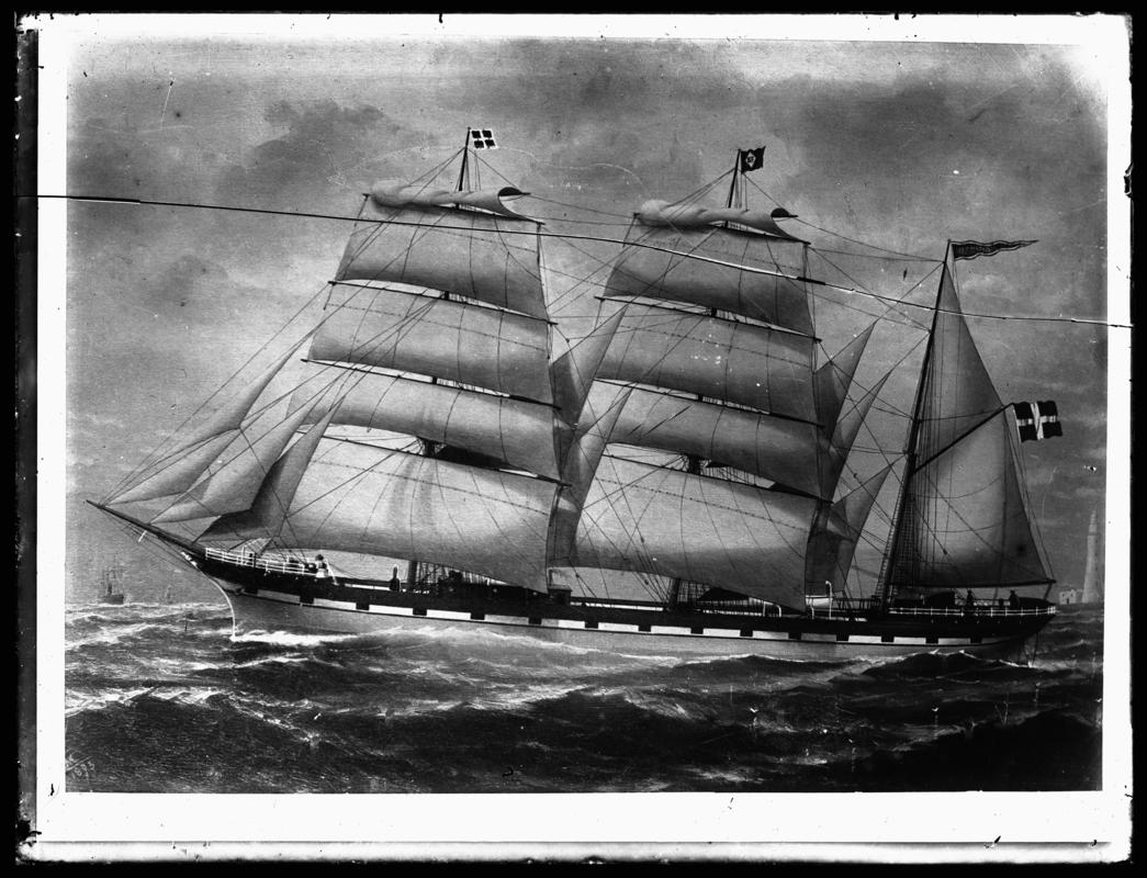 Photograph of painting showing a port broadside view of an unknown three-masted barque.  Denmark flag.



Broken glass negative.