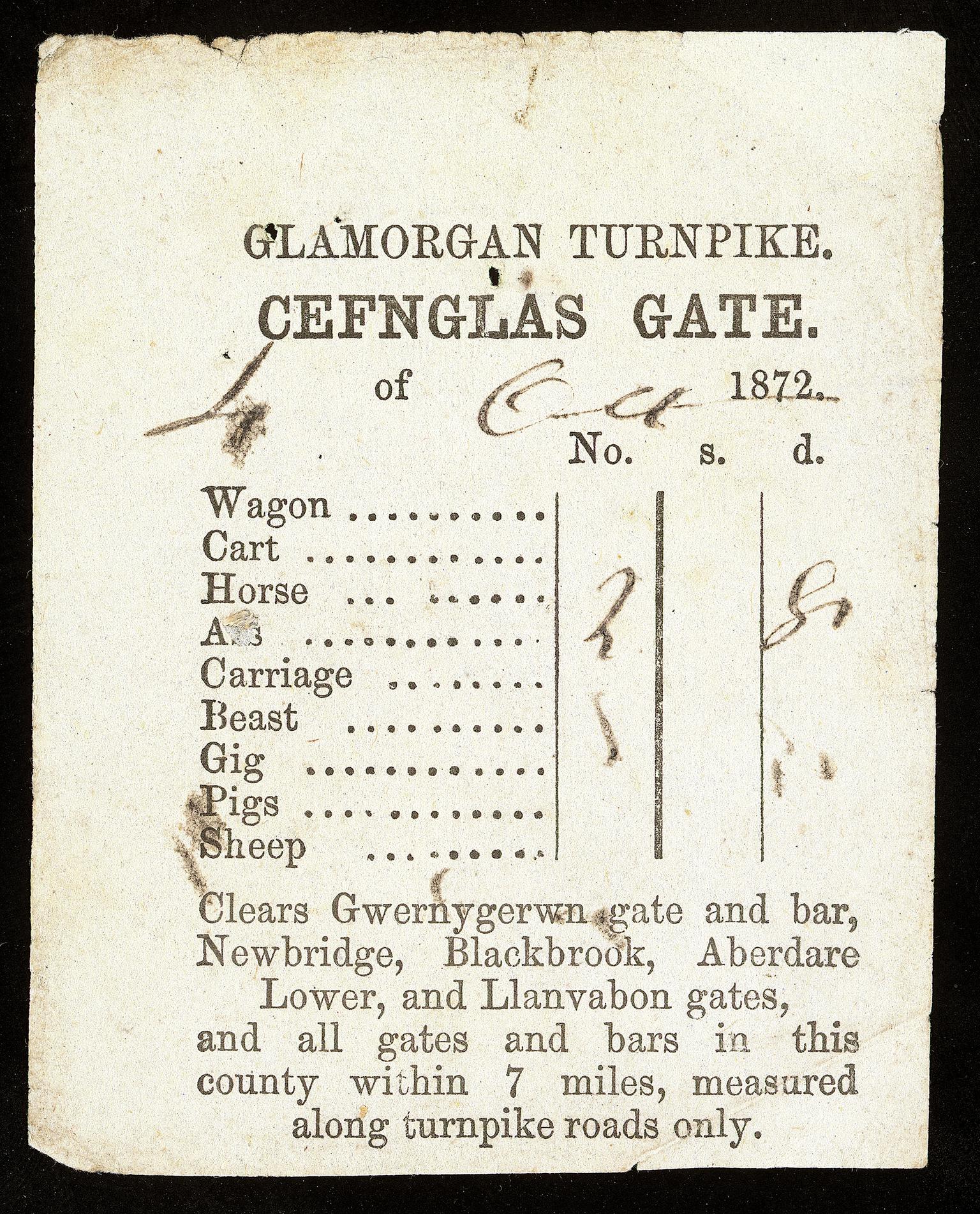 Glamorgan Turnpike, Cefnglas Gate, ticket