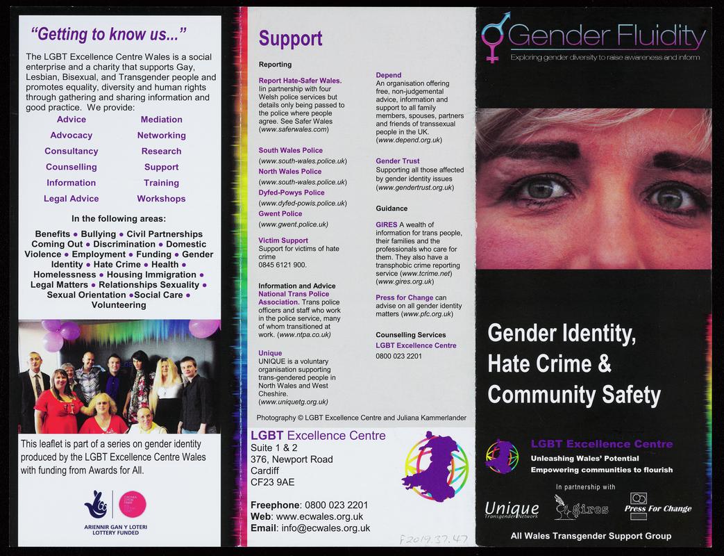 LGBT Excellence Centre leaflet 'Gender Fluidity. Gender Identity, Hate Crime & Community Safety'.
