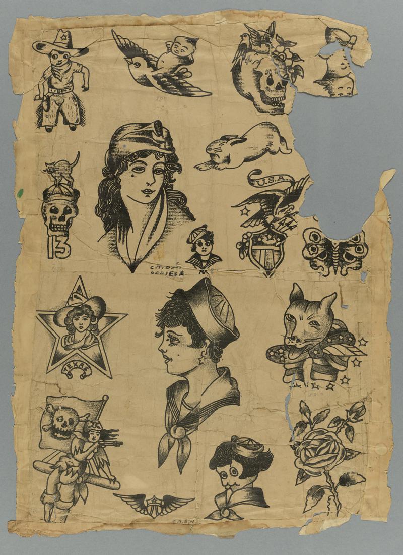 Multiple black and white images on paper, including star with female in
stetson inside / 'Texas'. Torn and ragged around edges: large piece missing from top right section
(see: F2021.21.548 /  L387.548).