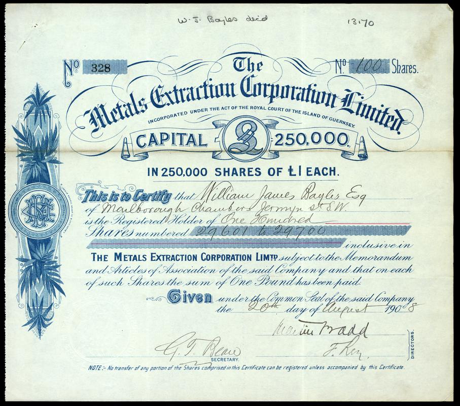 Share Certificate "The Metals Extraction Corporation Limited"