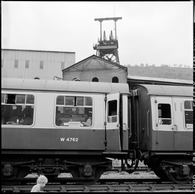 Black and white film negative showing locomotive carriages at Abertillery New Mine, 1977. '1977' is transcribed from original negative bag.  Appears to be identical to 2009.3/2330.