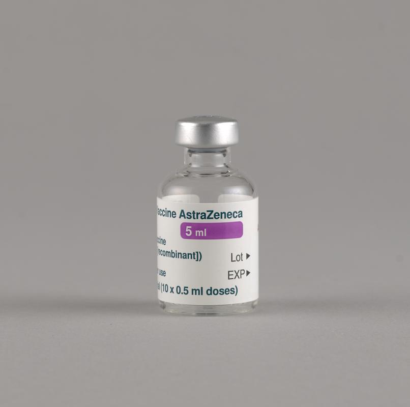 Card box containing ten empty 'COVID-19 Vaccine AstraZeneca' vials.