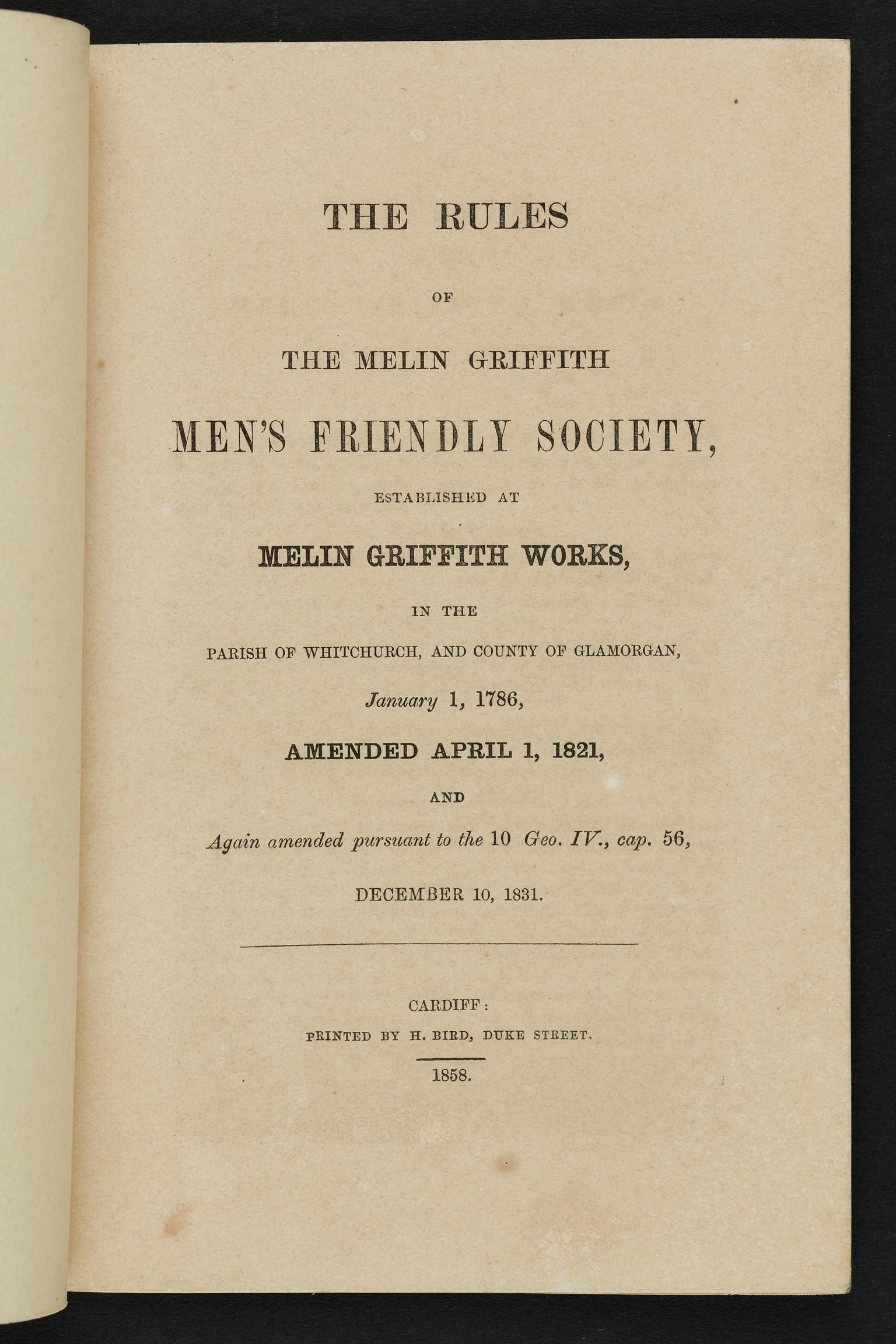 The Rules of the Melin Griffith Men's Friendly Society, Established at Melin Griffith Works (rule book)