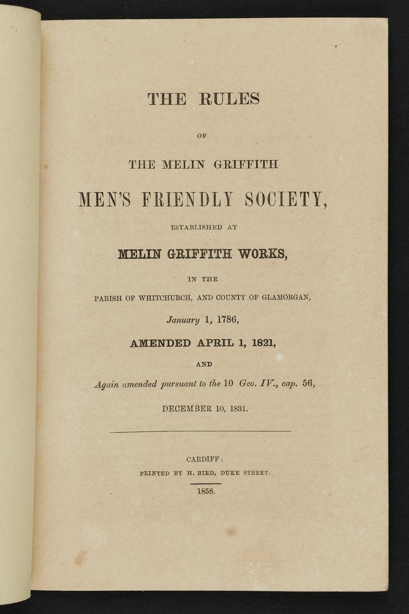 Melingriffith Men's Friendly Society, rule book. (title page (ie first internal page) only)
