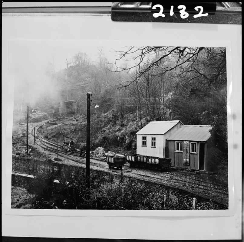 Black and white film negative of a photograph showing a surface view of Ynyscedwyn Colliery.  'Ynyscedwyn' is transcribed from original negative bag