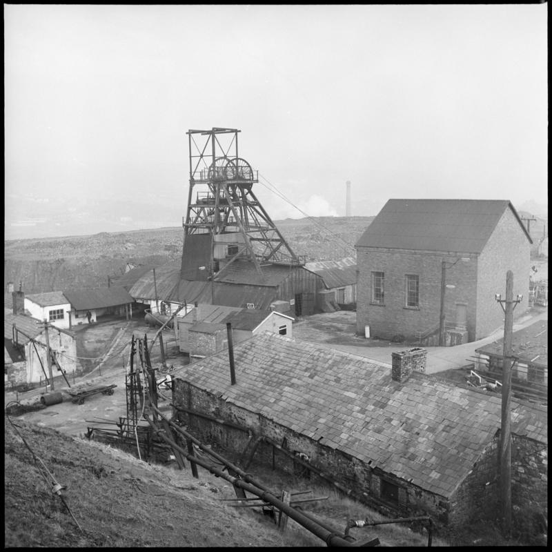 Black and white film negative showing a general view of Big Pit Colliery.  'Blaenavon' is transcribed from original negative bag.