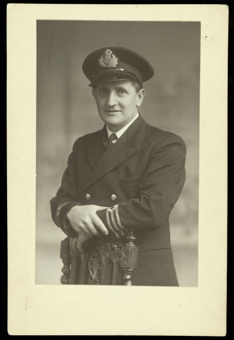 Capt. Walwyn Jones in the uniform of a chief officer. He lost his life on 23 Feb 1943 when the tanker Athelprincess was torpedoed and sunk in the north Atlantic.