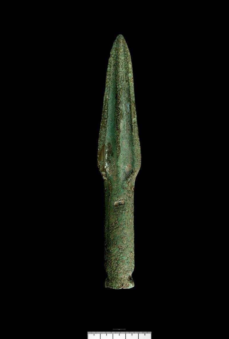 Decorated Early Pegged and Socketed Spearhead, part of Early Bronze Age bronze tool and weapon hoard (3 artefacts)