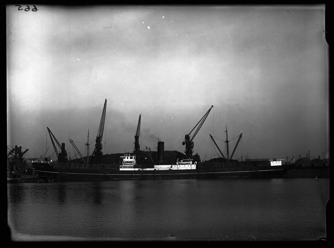 Port broadside view of S.S. RAMILLIES at Cardiff Docks, c.1936