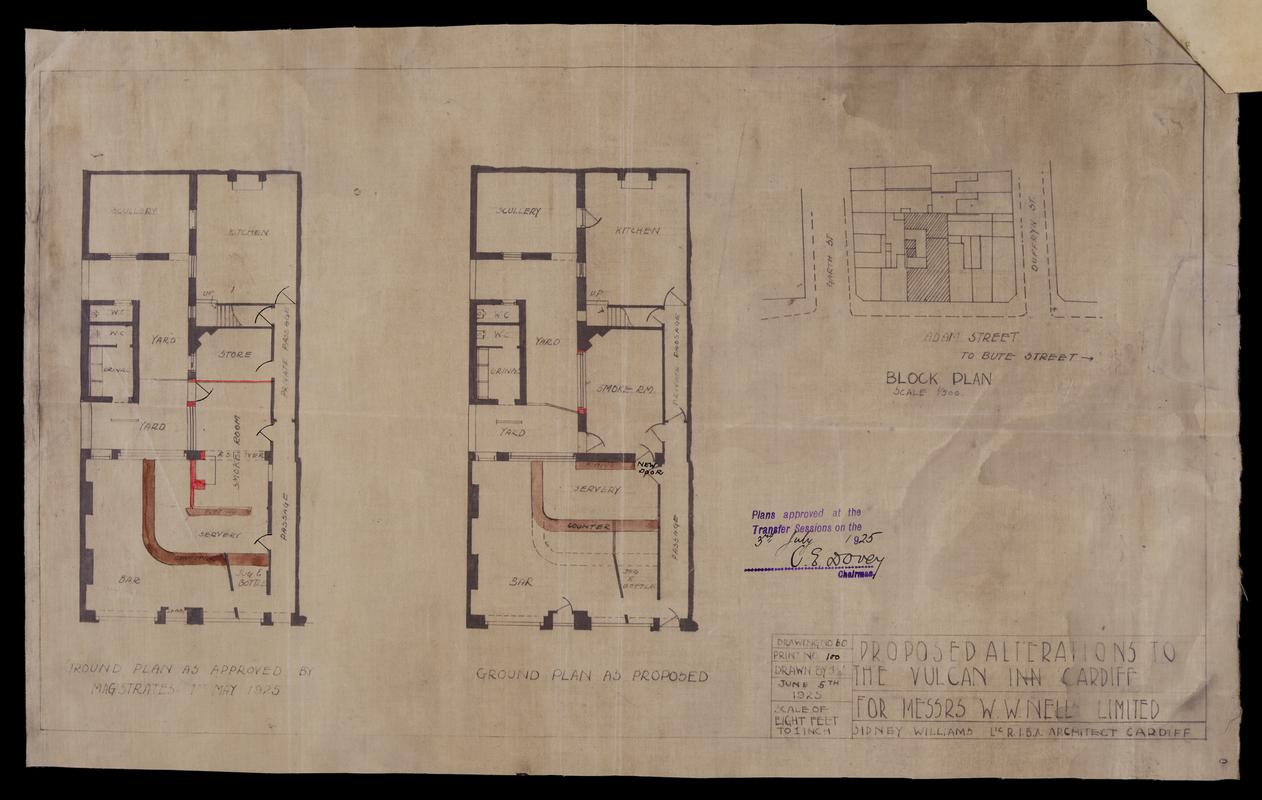 Architectural plan of The Vulcan Hotel Labelled 'Vulcan Inn. For Messrs Greenwood & Brown'. Submitted as part of Planning Application. Approved May 1941
