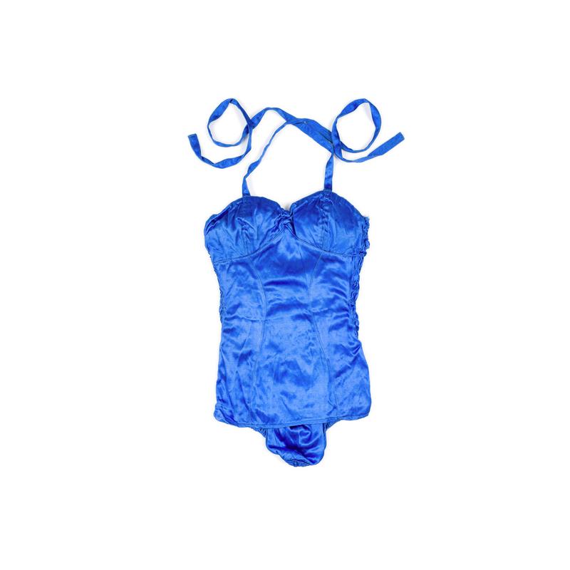Woman's one-piece in deep blue satin bathing costume