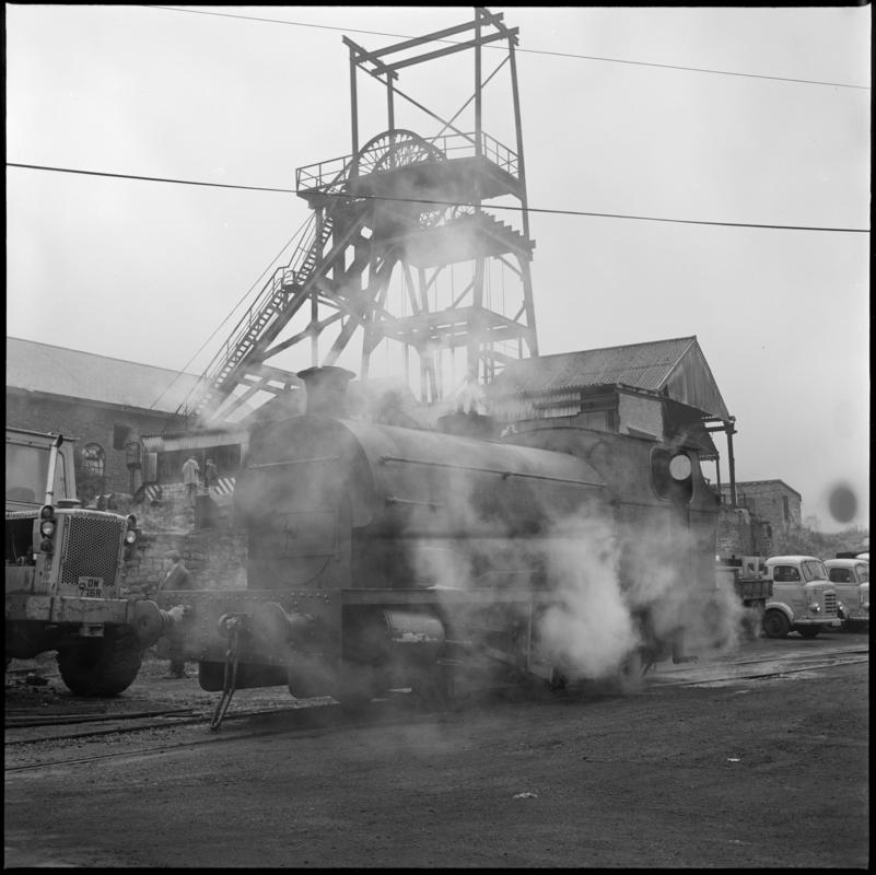 Black and white film negative showing a locomotive at Nixon's Navigation Colliery.