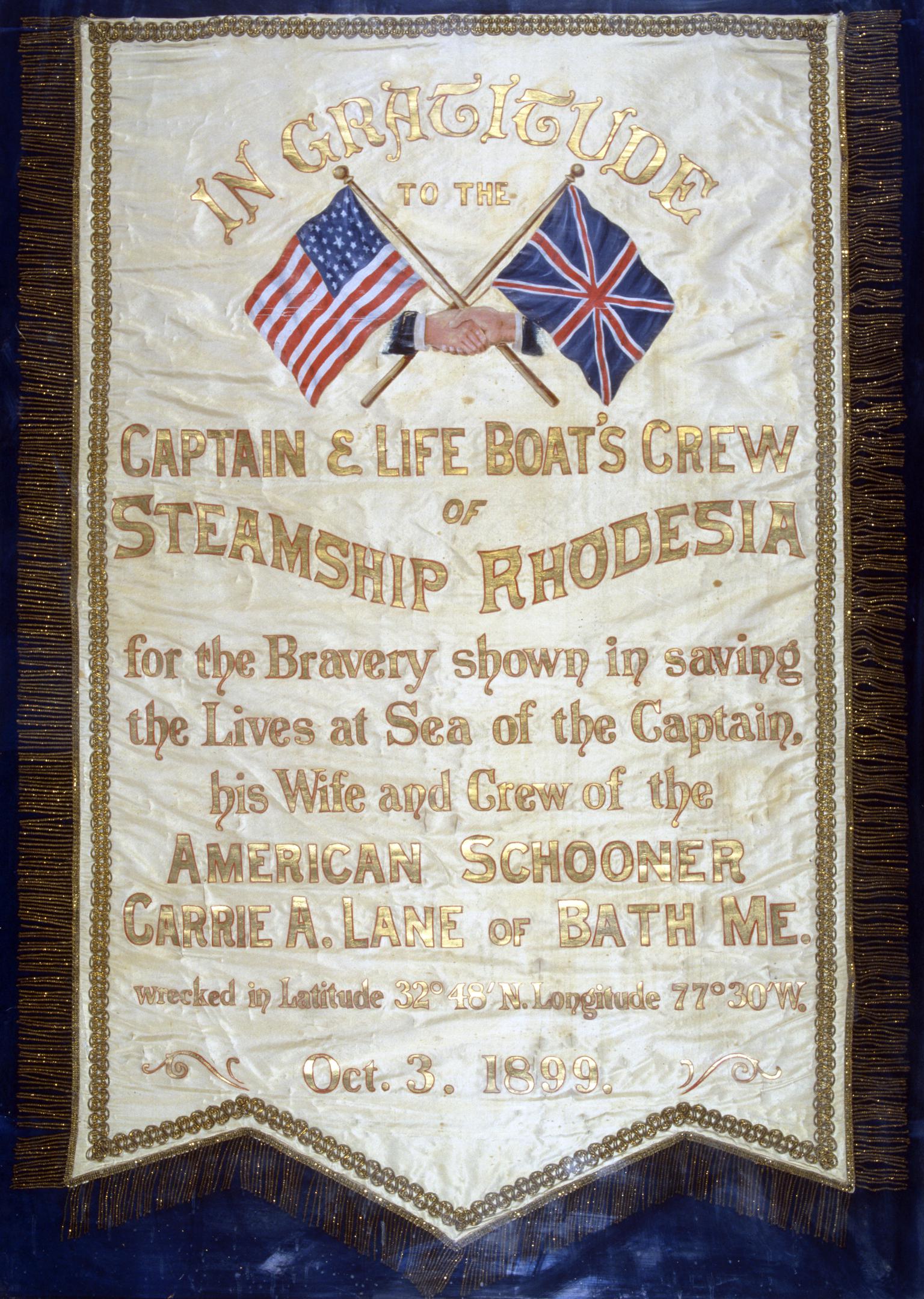 S.S. RHODESIA, address to captain & crew, 1899