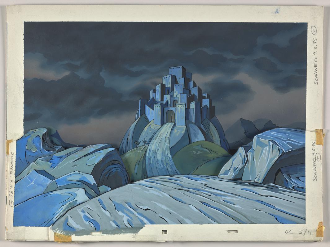 Animation production artwork from episode Elijah in series 'Testament: The Bible in Animation'. Card background overlaid with paper foreground.