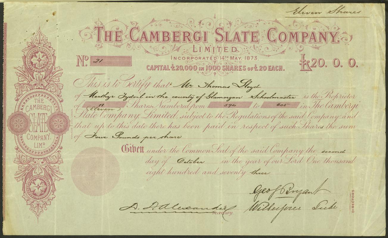 Share certificate The Cambergi Slate Company (front)