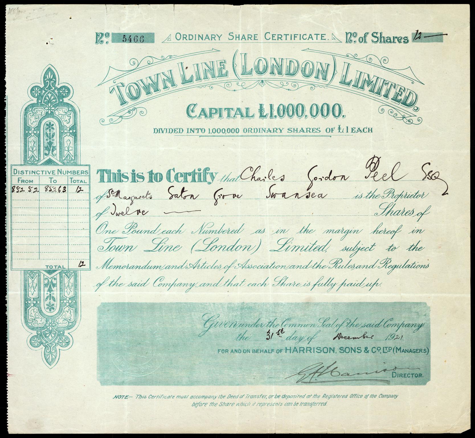 Town Line (London) Limited, share certificate