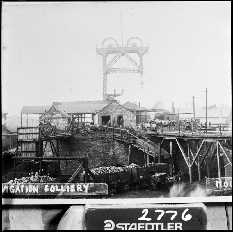 Black and white film negative of a photograph showing a surface view of Nixon's Navigation Colliery, Mountain Ash c.1910.  'Nixon's Navigation' is transcribed from original negative bag.