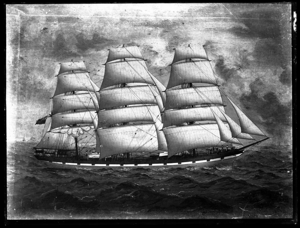 Photograph of painting showing a starboard broadside view of an unknown three-masted ship.  United Kingdom flag.