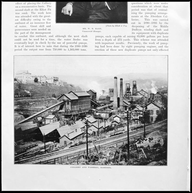 Black and white film negative showing a general surface view of Bargoed Colliery, photographed from a publication.  'Bargoed Colliery' is transcribed from original negative bag.