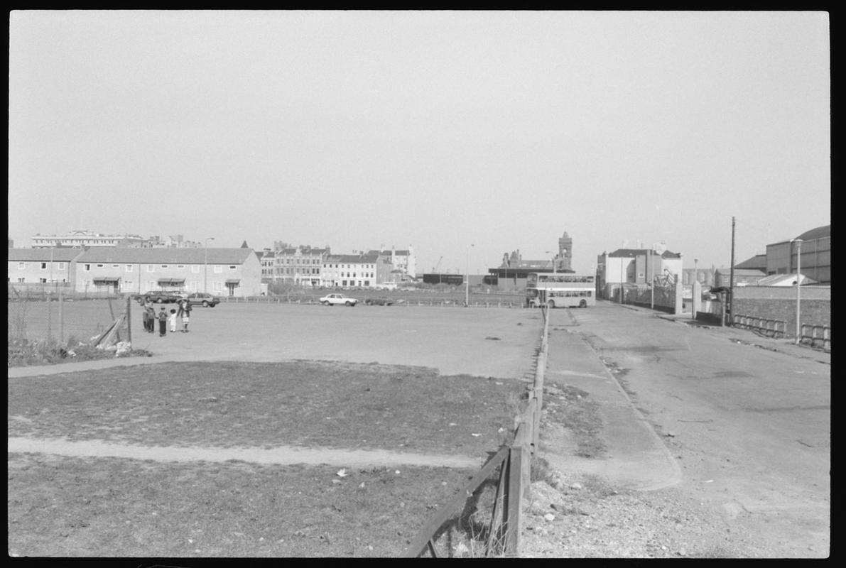 East view along Stuart Street, with the Welsh Industrial and Maritime Museum, and Pier Head building in background. Shows route of proposed new road.