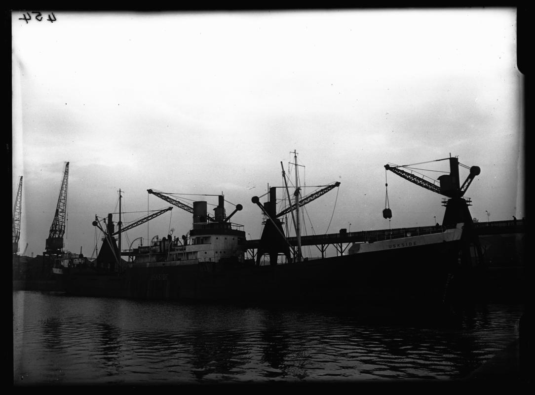 3/4 starboard bow view of S.S. USKSIDE at Cardiff Docks, c.1936.
