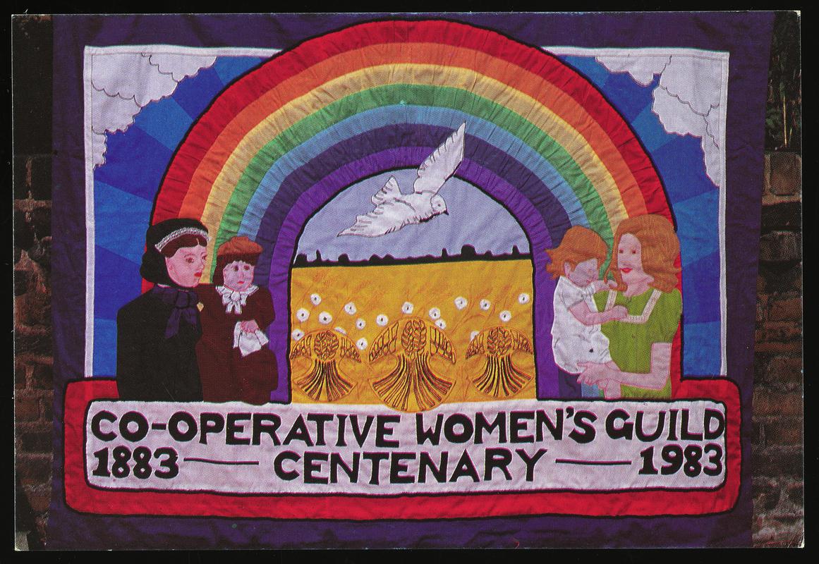 Colour postcard of a Co-operative Womens Guild Centenary 1883 1983 banner. Original banner Designed by publicity Department of Leicester Co-operative Society and made in 1983 by members of the Torquay Branch.