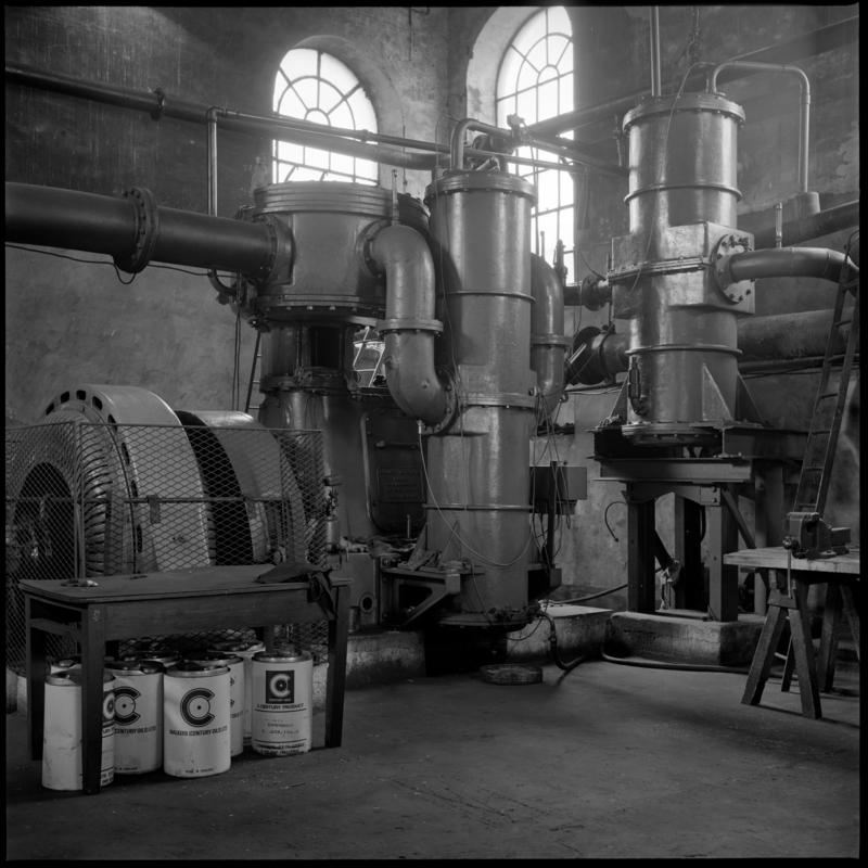 Black and white film negative showing a winding engine, Deep Duffryn Colliery 1974.  'Deep Duffryn 1974' is transcribed from original negative bag.