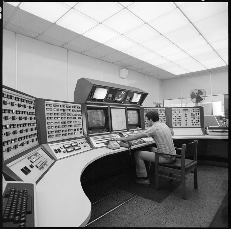 Black and white film negative showing Betws Mine control room.