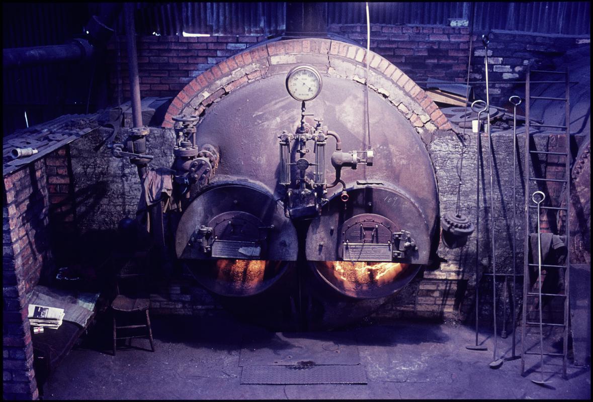 Colour film slide showing a Lancashire boiler, Morlais Colliery 1975.