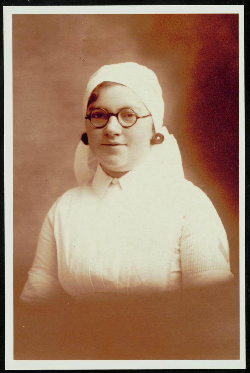 Mrs Gertrude Morgan (nee Davies) in nursing uniform, c. 1930s. Trained in London, Mrs Morgan later became a midwife at Morriston Hospital. Her midwife's uniform and certificates in collection (F2013.14)