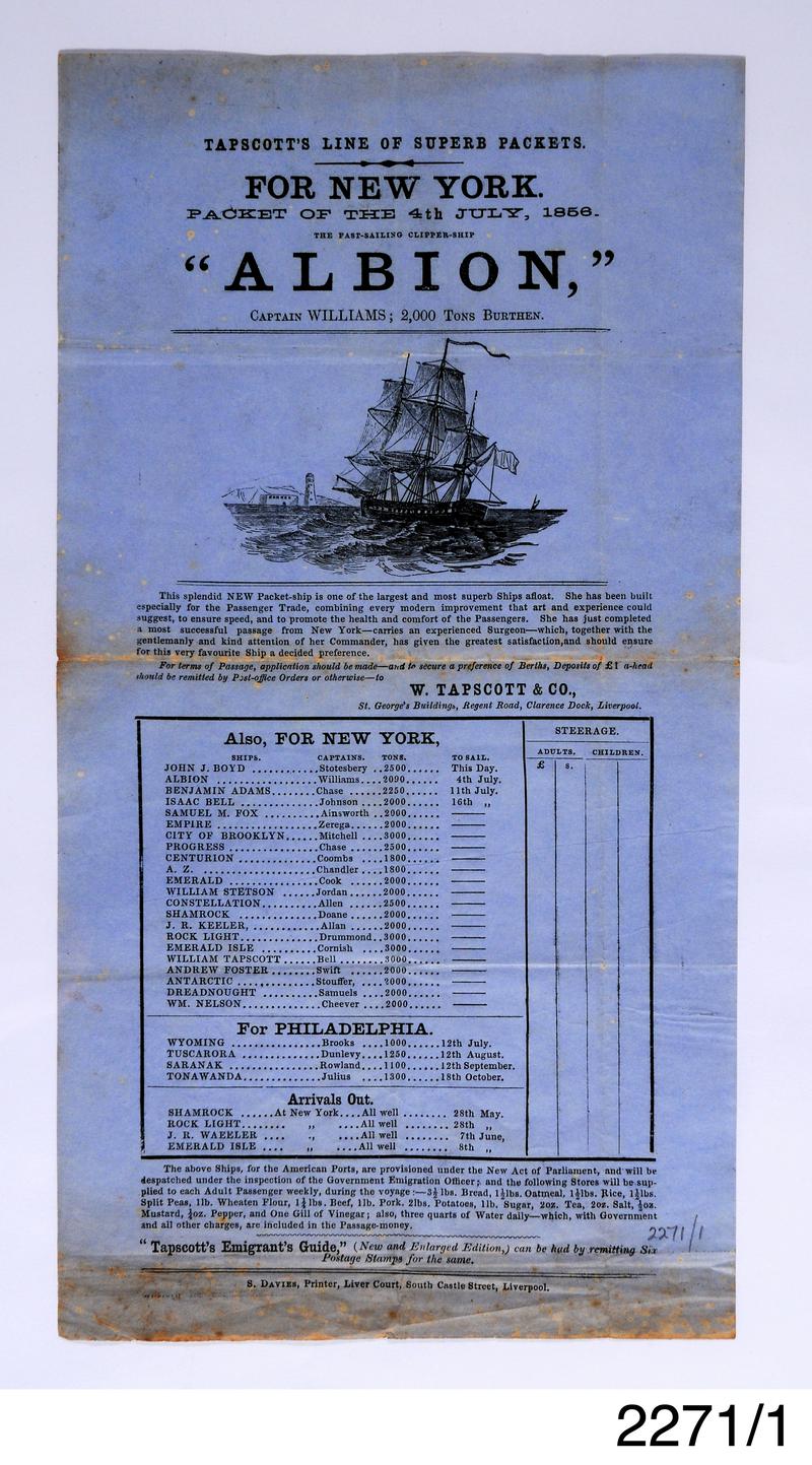 Poster advertising the Albion's voyage from Liverpool to New York