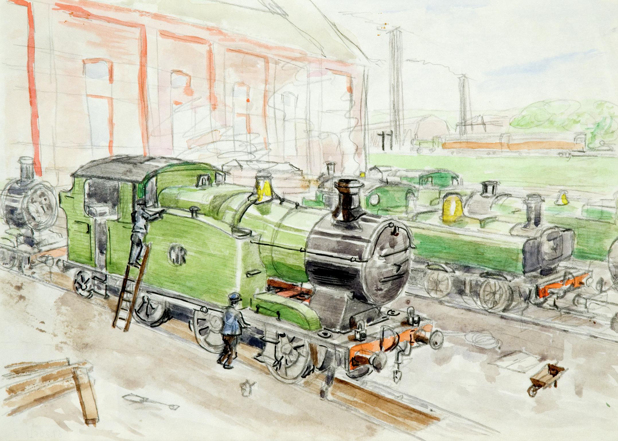 Locomotives outside Caerphilly Works, painting