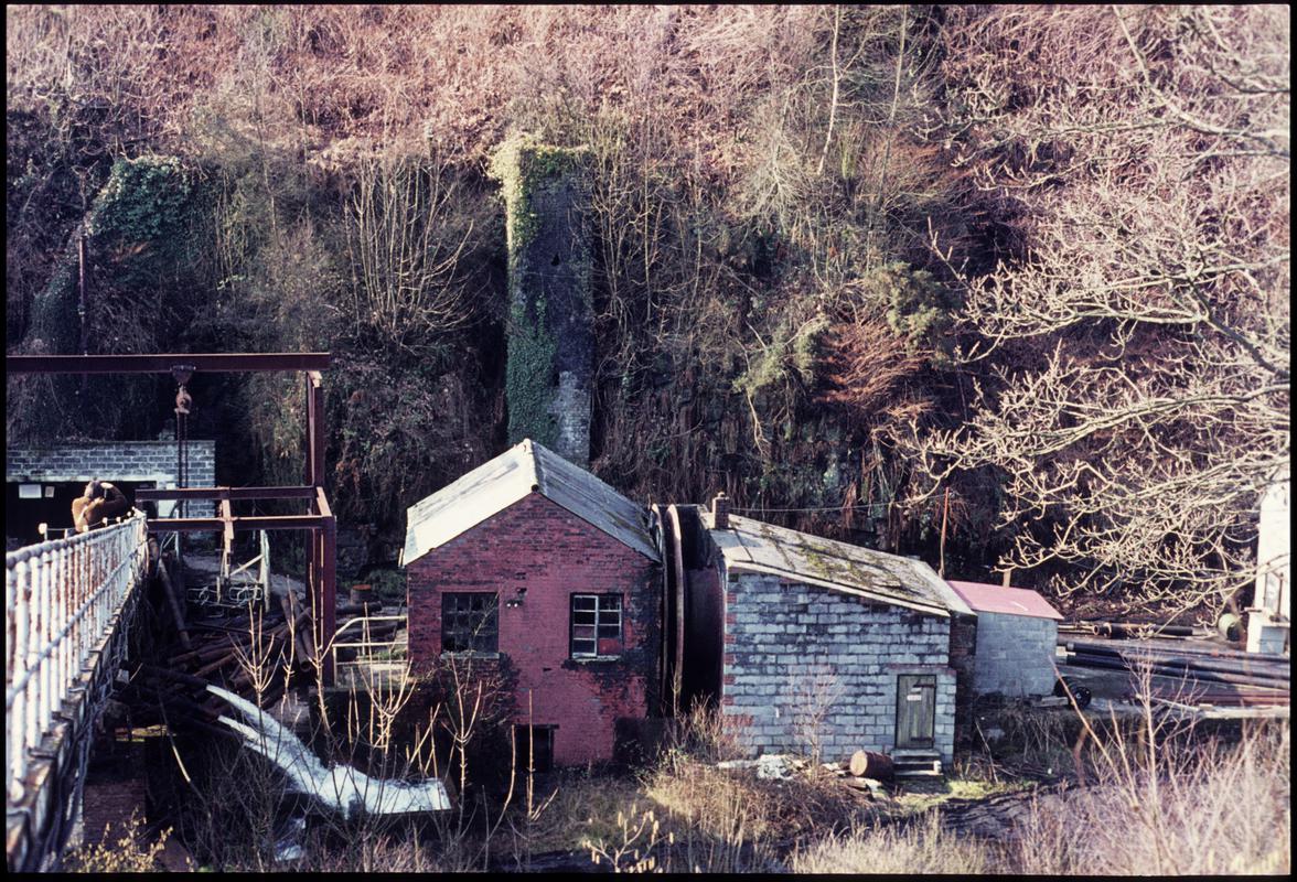 Colour film slide showing the waddle fan and engine house, Clydach Merthyr Colliery, 26 February 1977.
