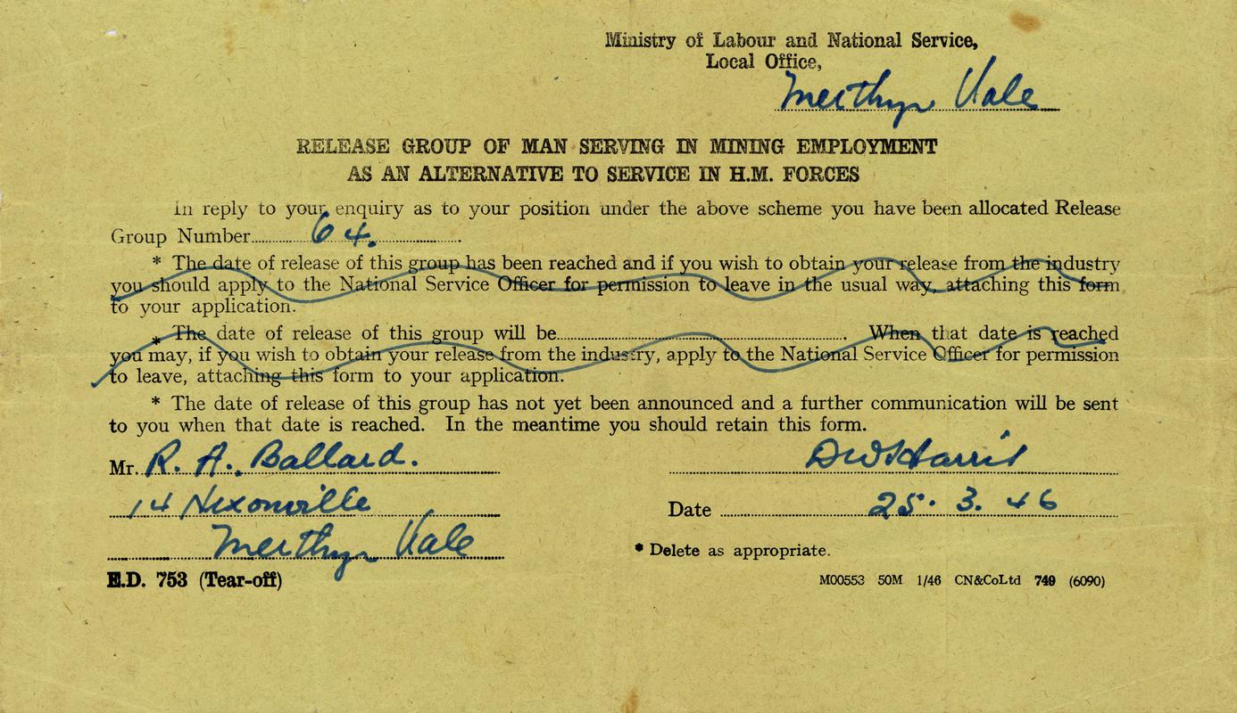 Papers relating to R.A. Ballard's Bevin Boy Service