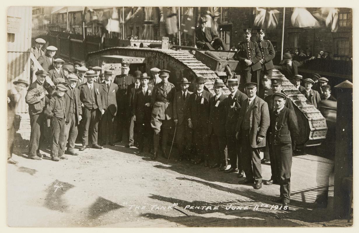 Civilians & soldiers gathered around 'The Tank', Pentre