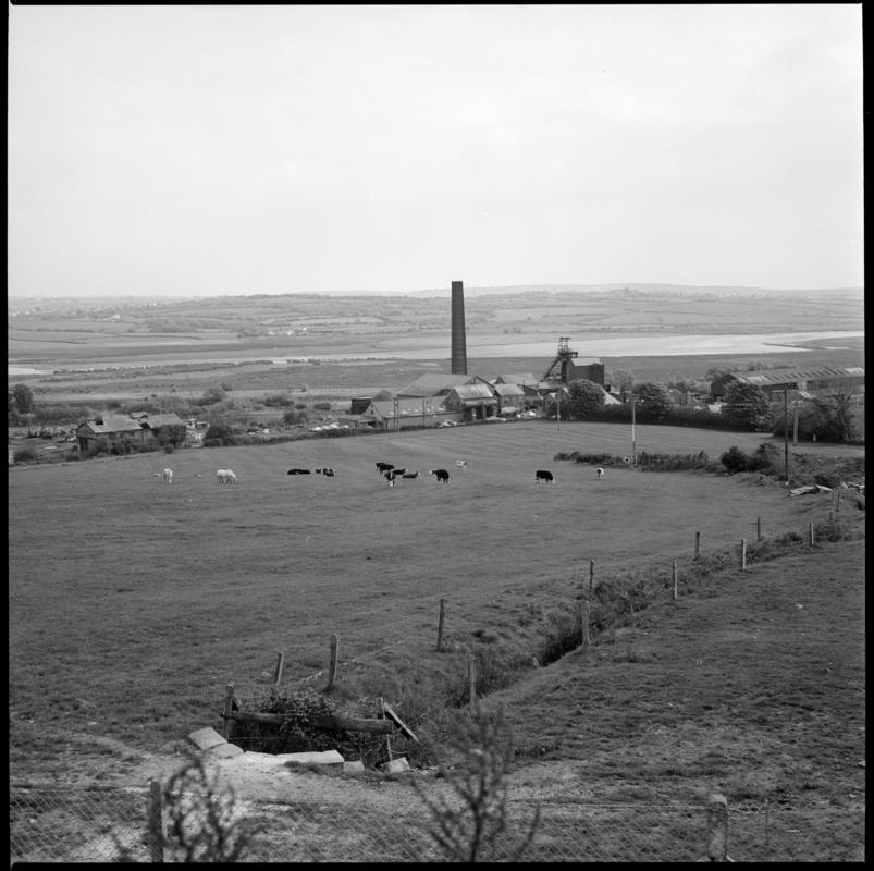 Black and white film negative showing a surface view of Morlais Colliery, 13 May 1981  'Morlais 13/5/81' is transcribed from original negative bag.