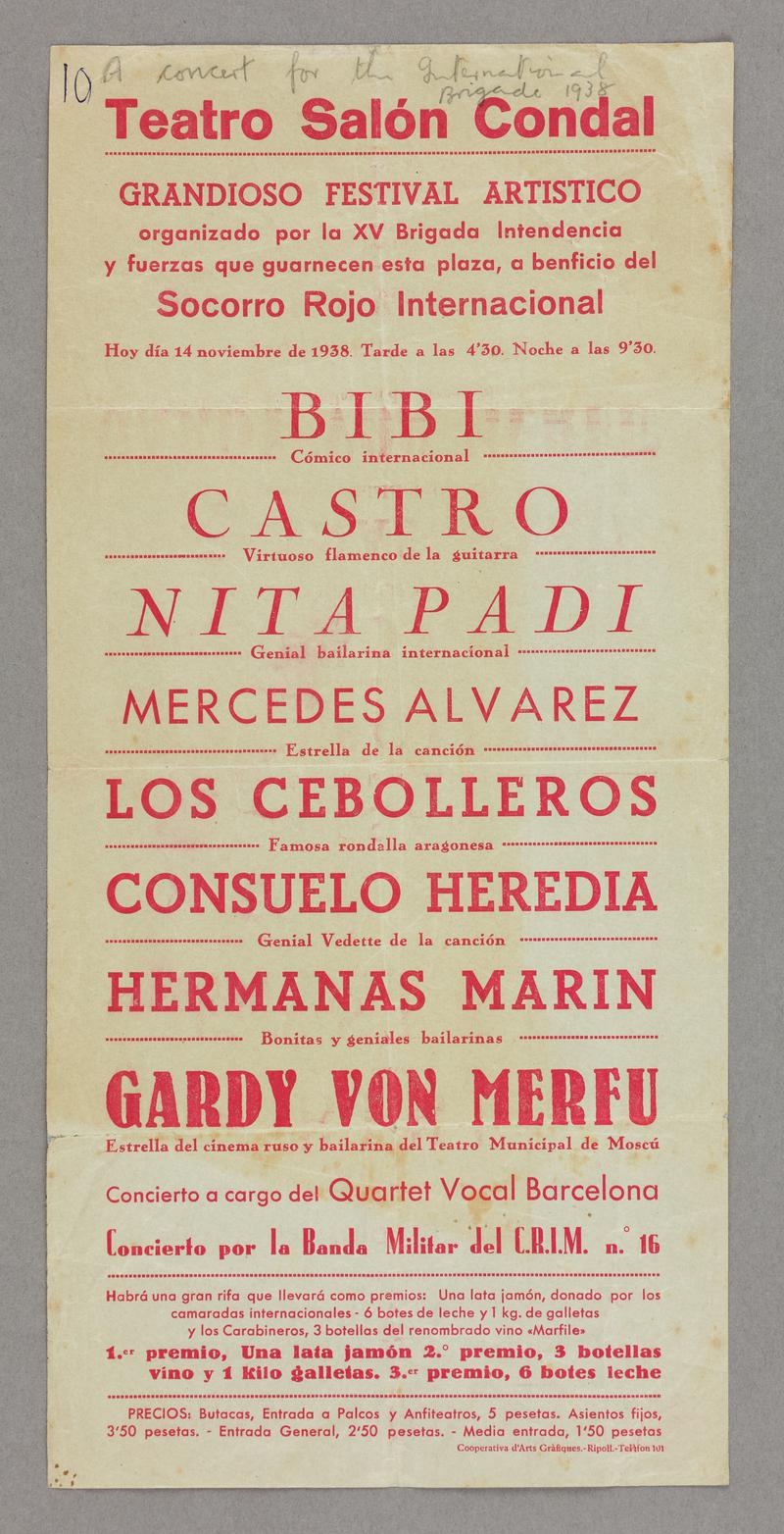 Handbill advertising concert for the International Brigades on 14 November 1938 at Teatro Salon Condal.  Red print on white paper.