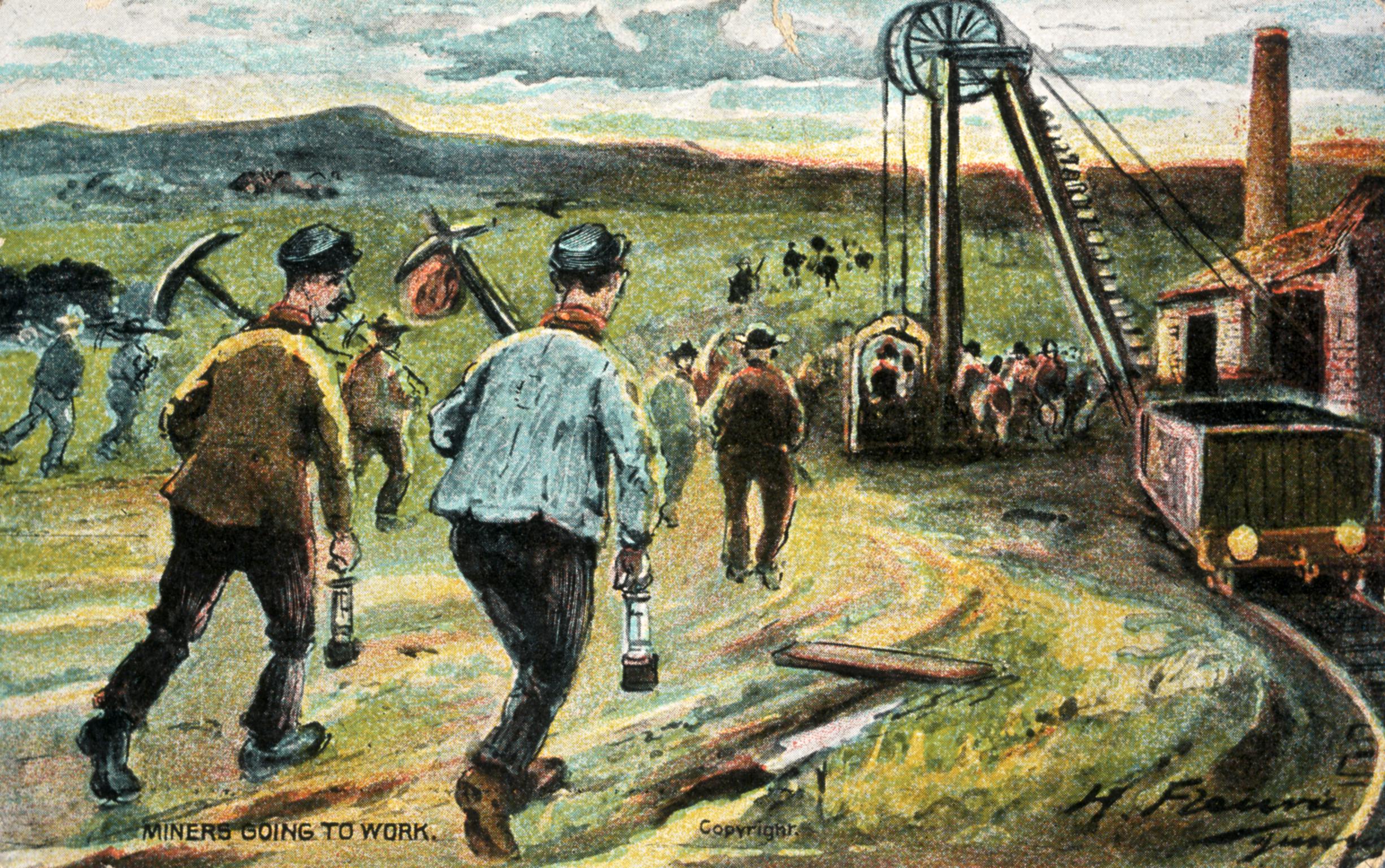 Miners going to work (postcard)