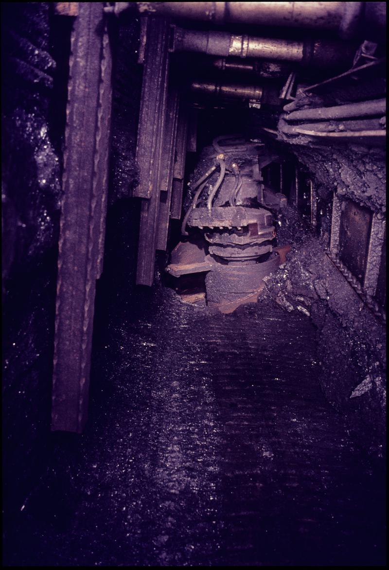 Colour film slide showing a shearer at the coalface, Celynen South Colliery.