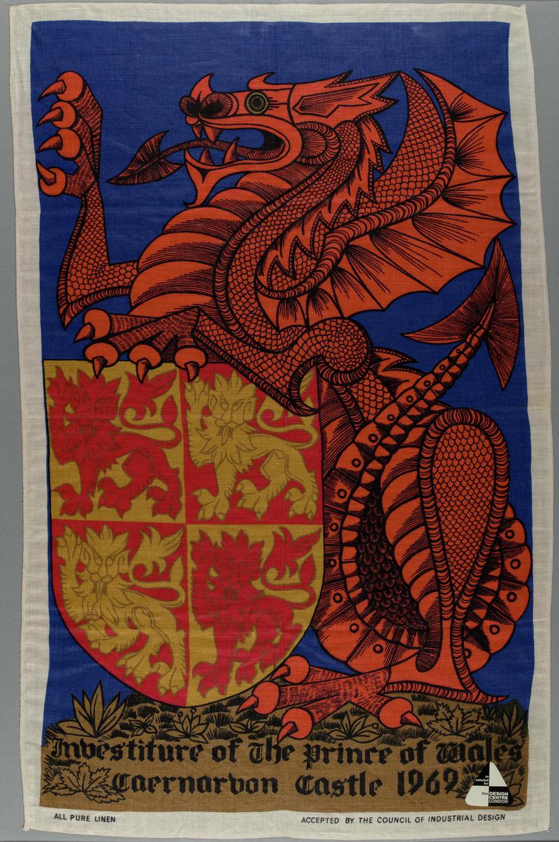 Souvenir printed linen tea towel to commemorate the Investiture of the Prince of Wales, Caernarfon Castle, 1969